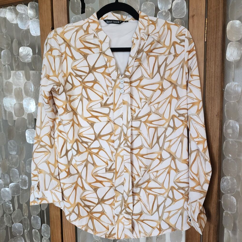Best Look Blouse L Abstract Print Cream Tan Long Sleeve Button Front Retro